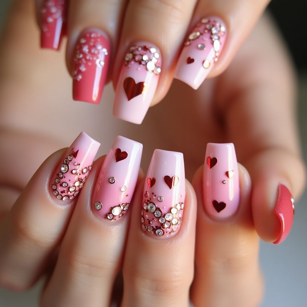 Valentine's Day Rhinestones Nail Design