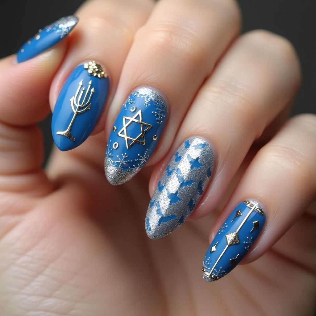 Hanukkah Almond Nail Design