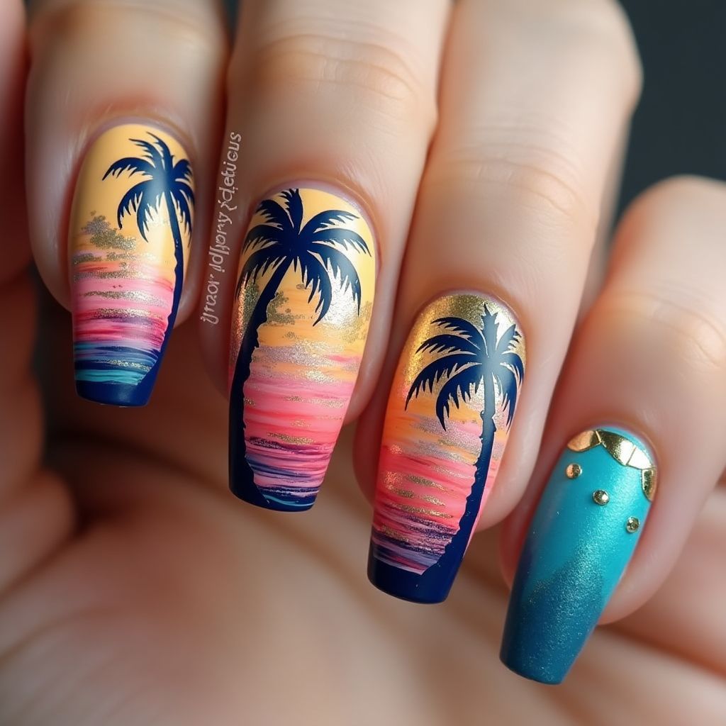 Vacation Coffin Nail Design