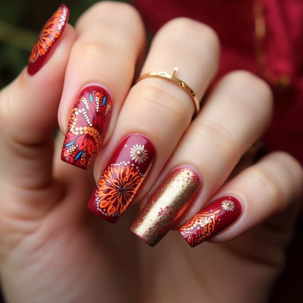 Diwali Coffin Nail Design