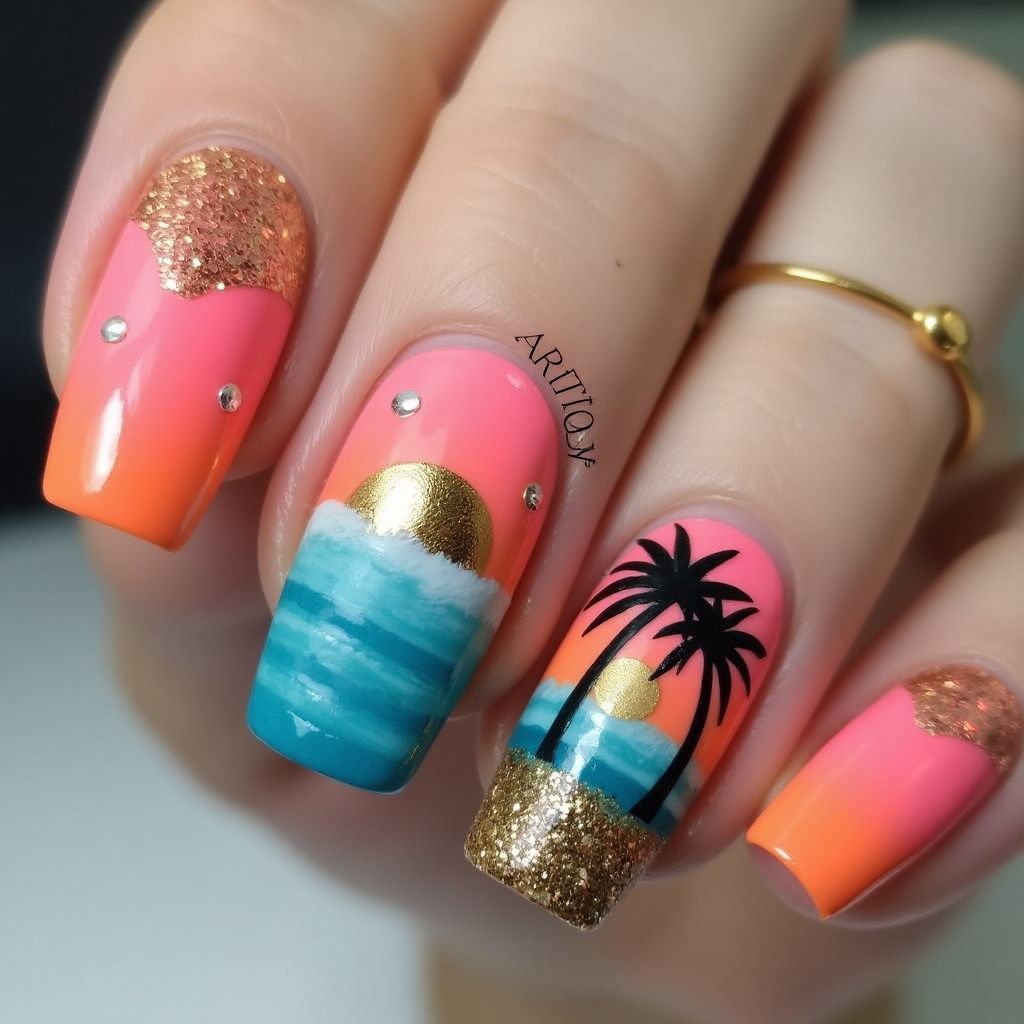 Vacation Coffin Nail Design