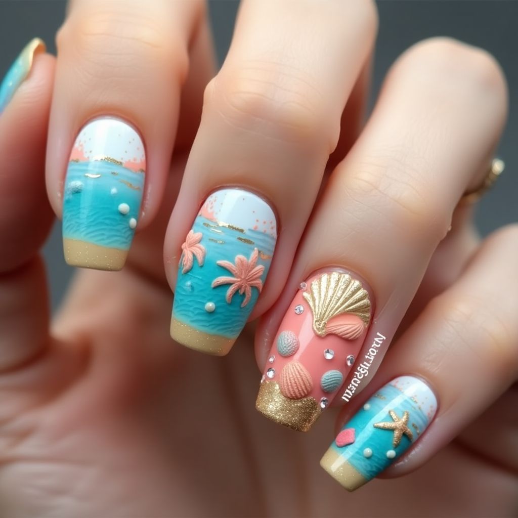 Beach Coffin Nail Design