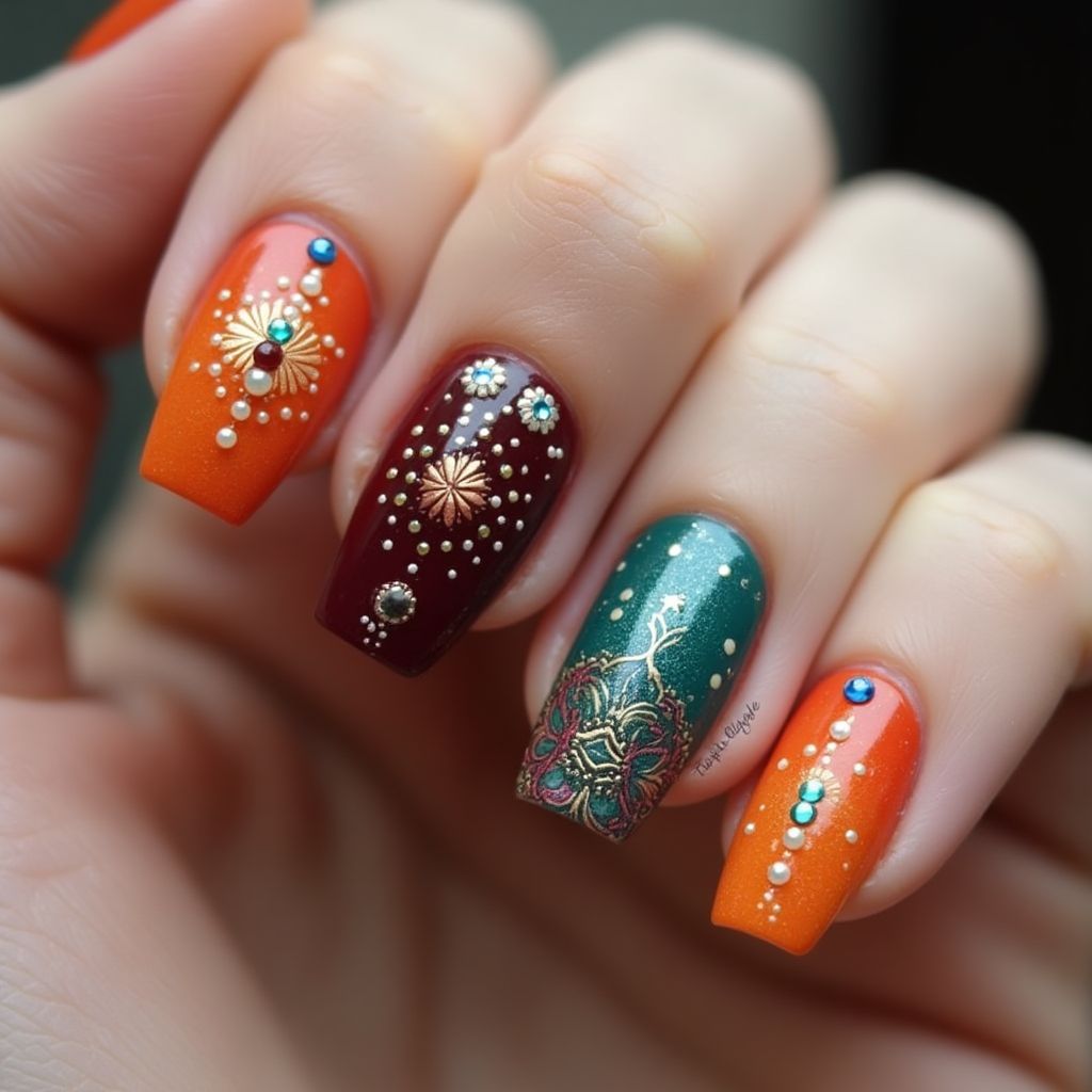 Diwali Coffin Nail Design