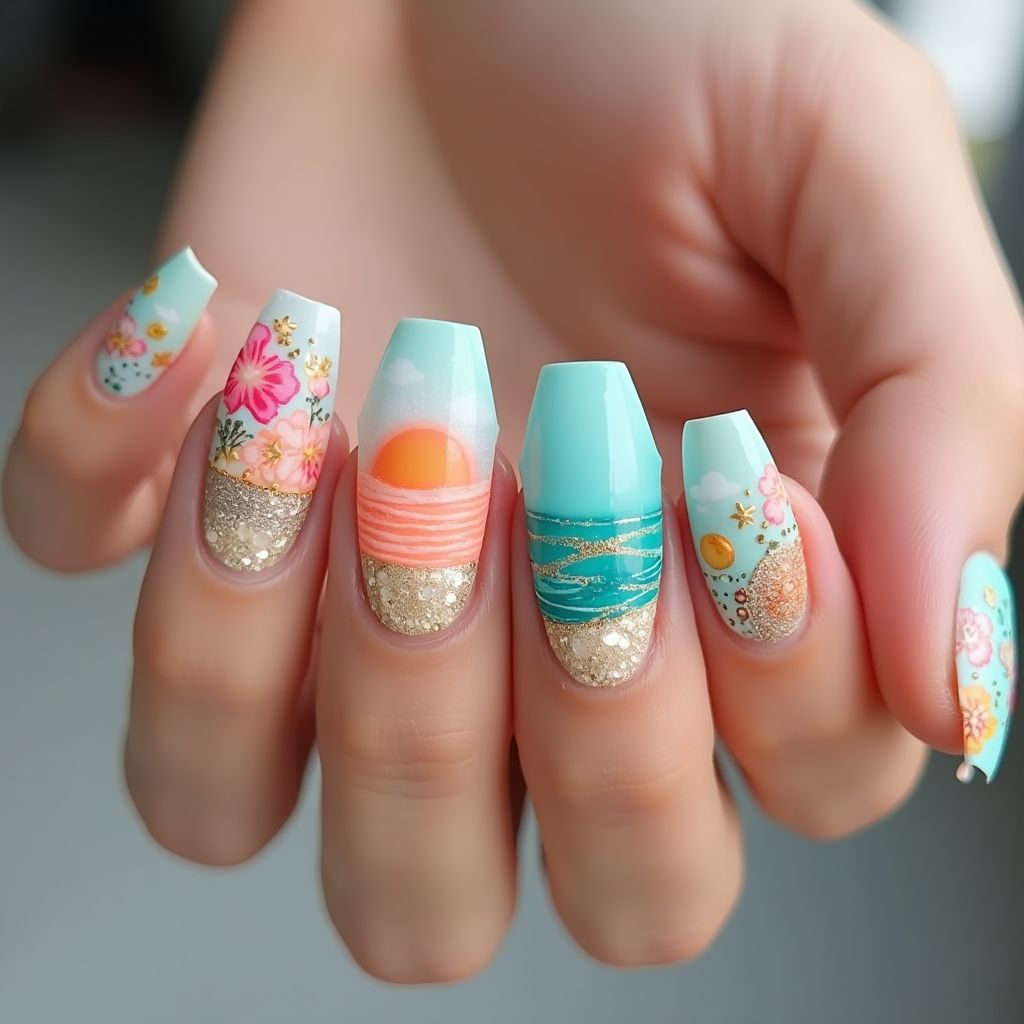 Beach Coffin Nail Design