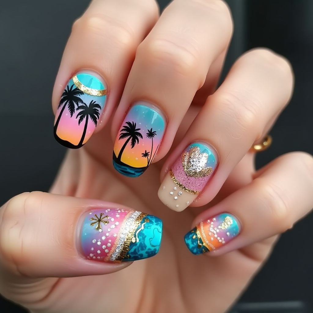 Vacation Coffin Nail Design