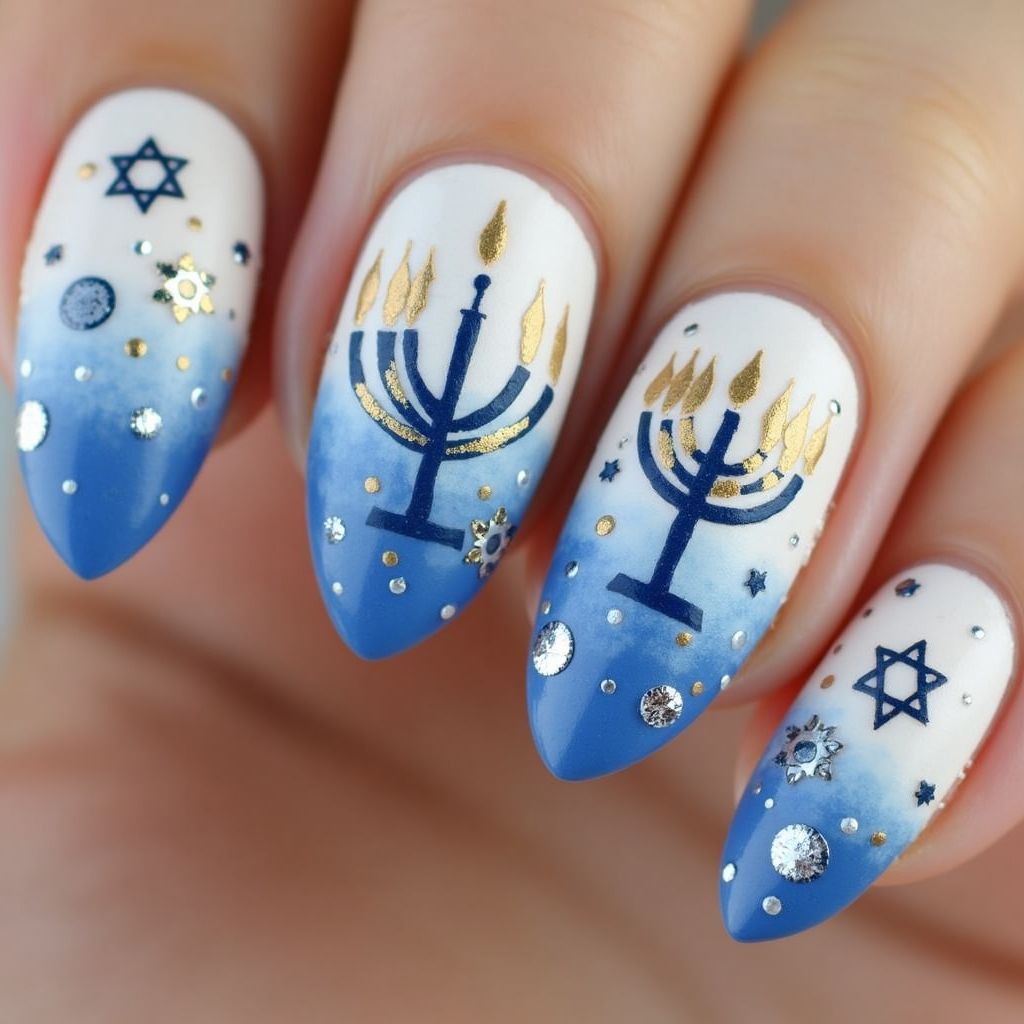 Hanukkah Almond Nail Design