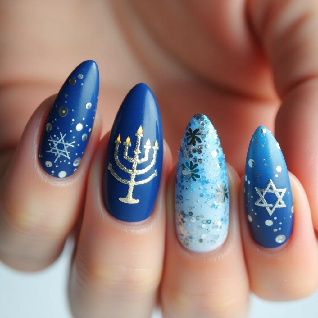 Hanukkah Almond Nail Design