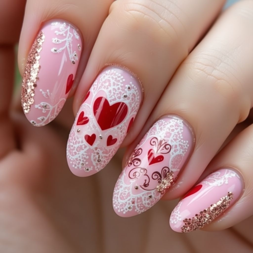 Valentine's Day Almond Nail Design