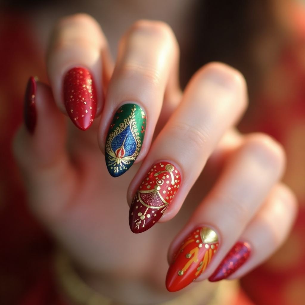 Diwali Almond Nail Design
