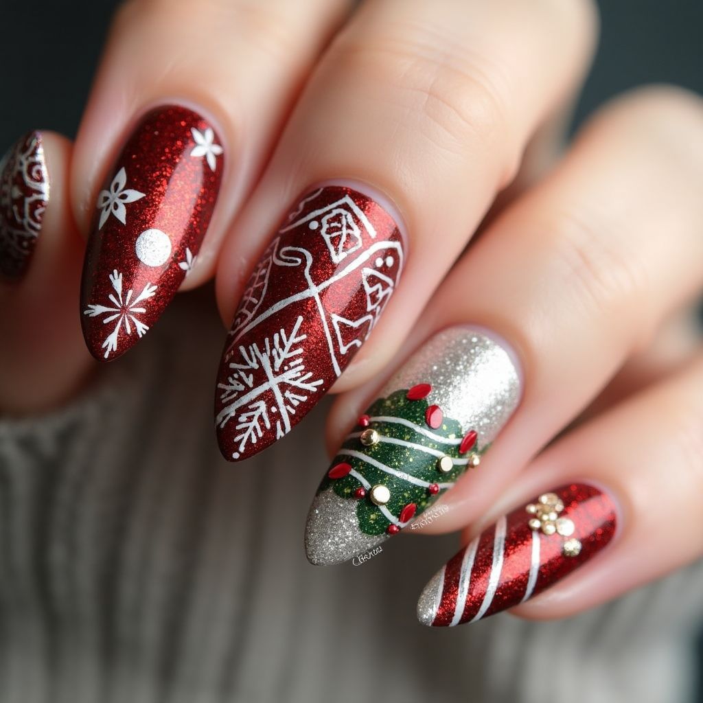 Holiday Almond Nail Design