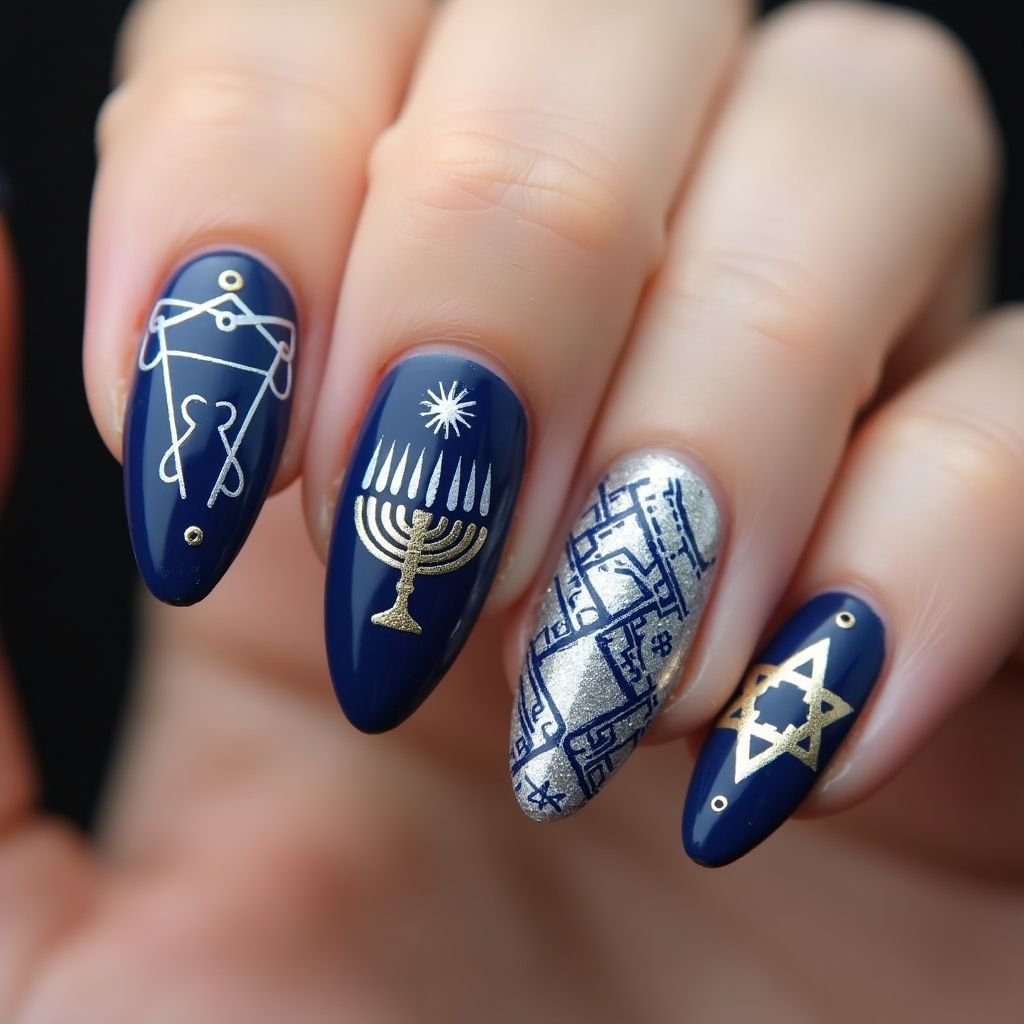 Hanukkah Almond Nail Design