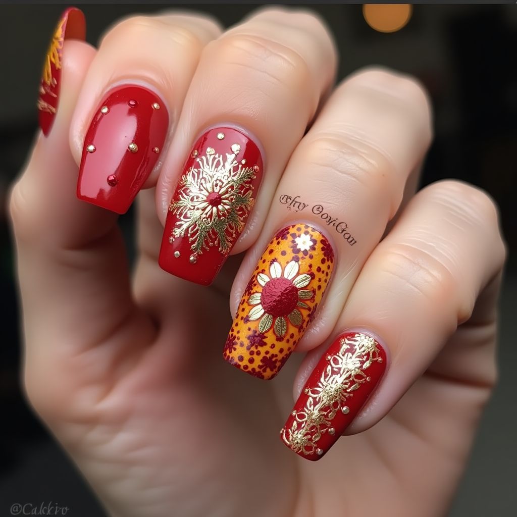 Diwali Coffin Nail Design