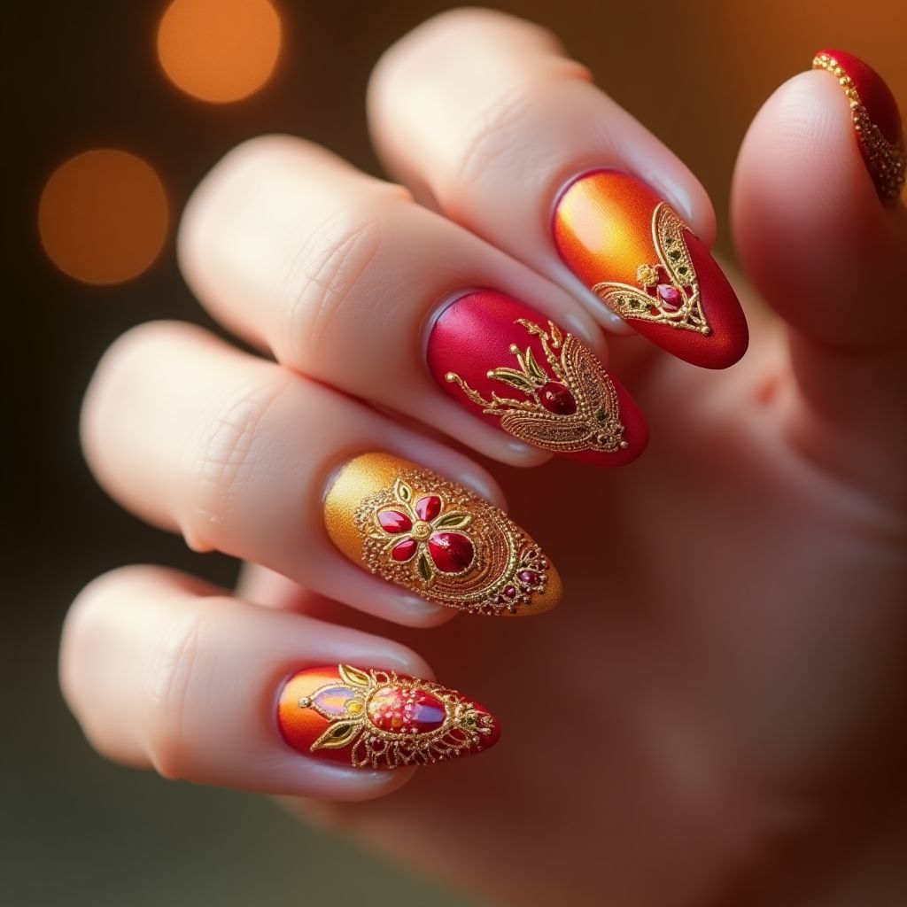 Diwali Almond Nail Design