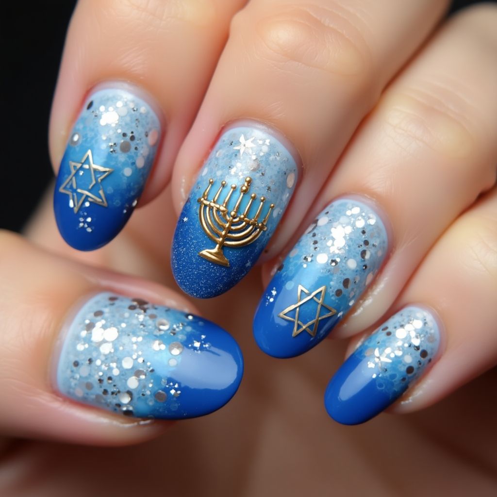 Hanukkah Almond Nail Design