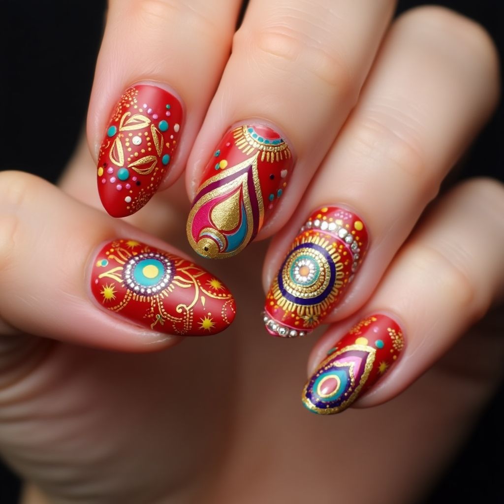 Diwali Almond Nail Design