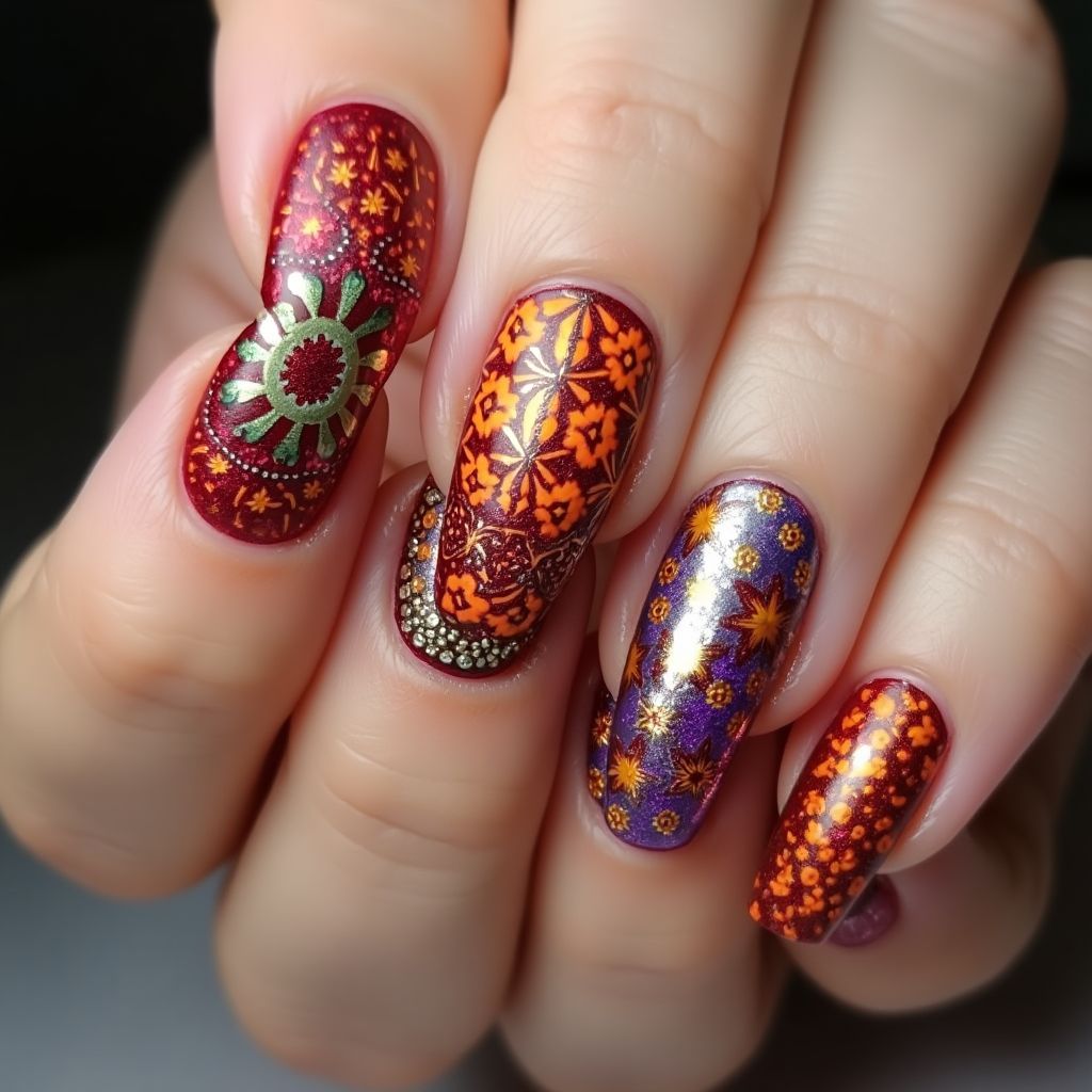 Diwali Coffin Nail Design