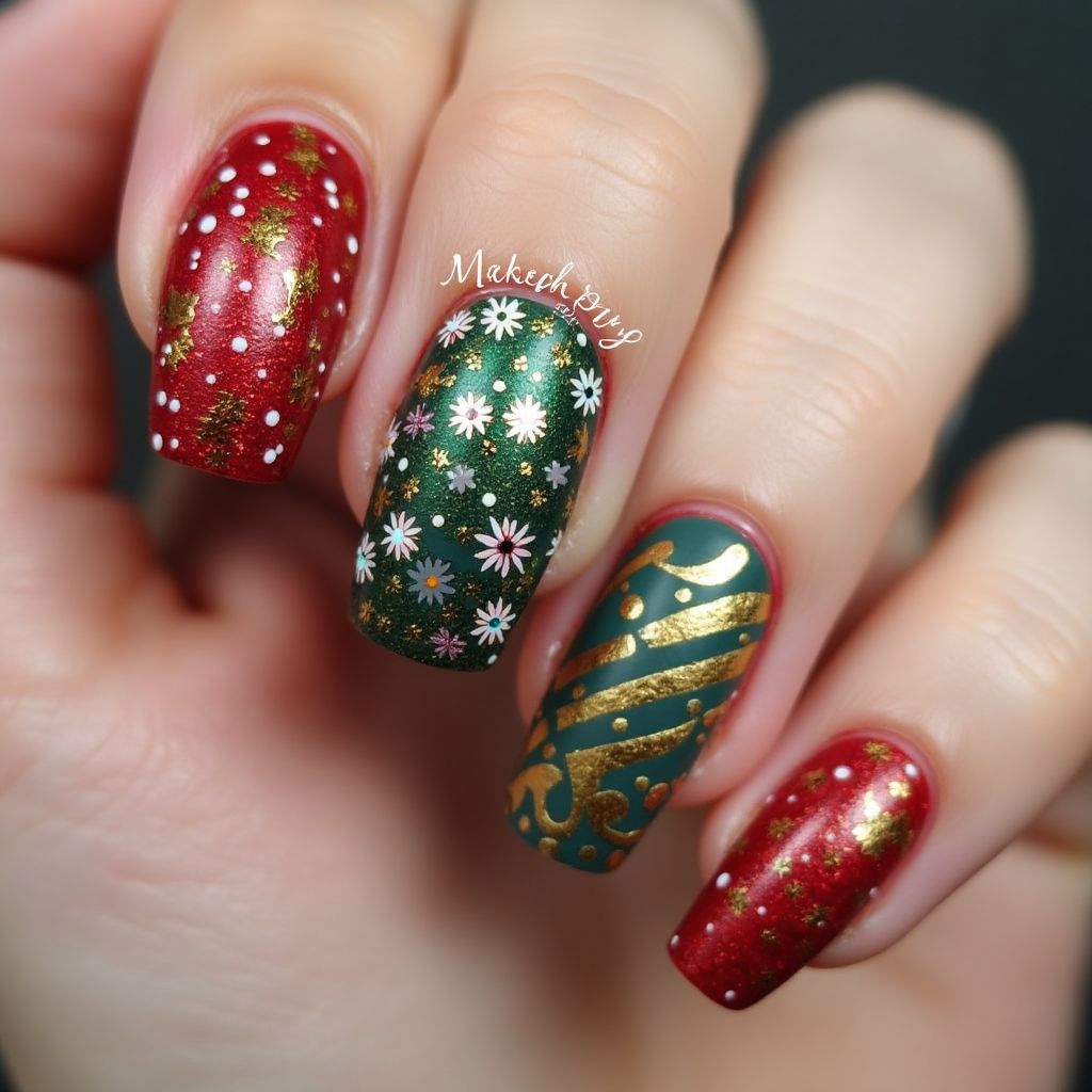 Holiday Coffin Nail Design