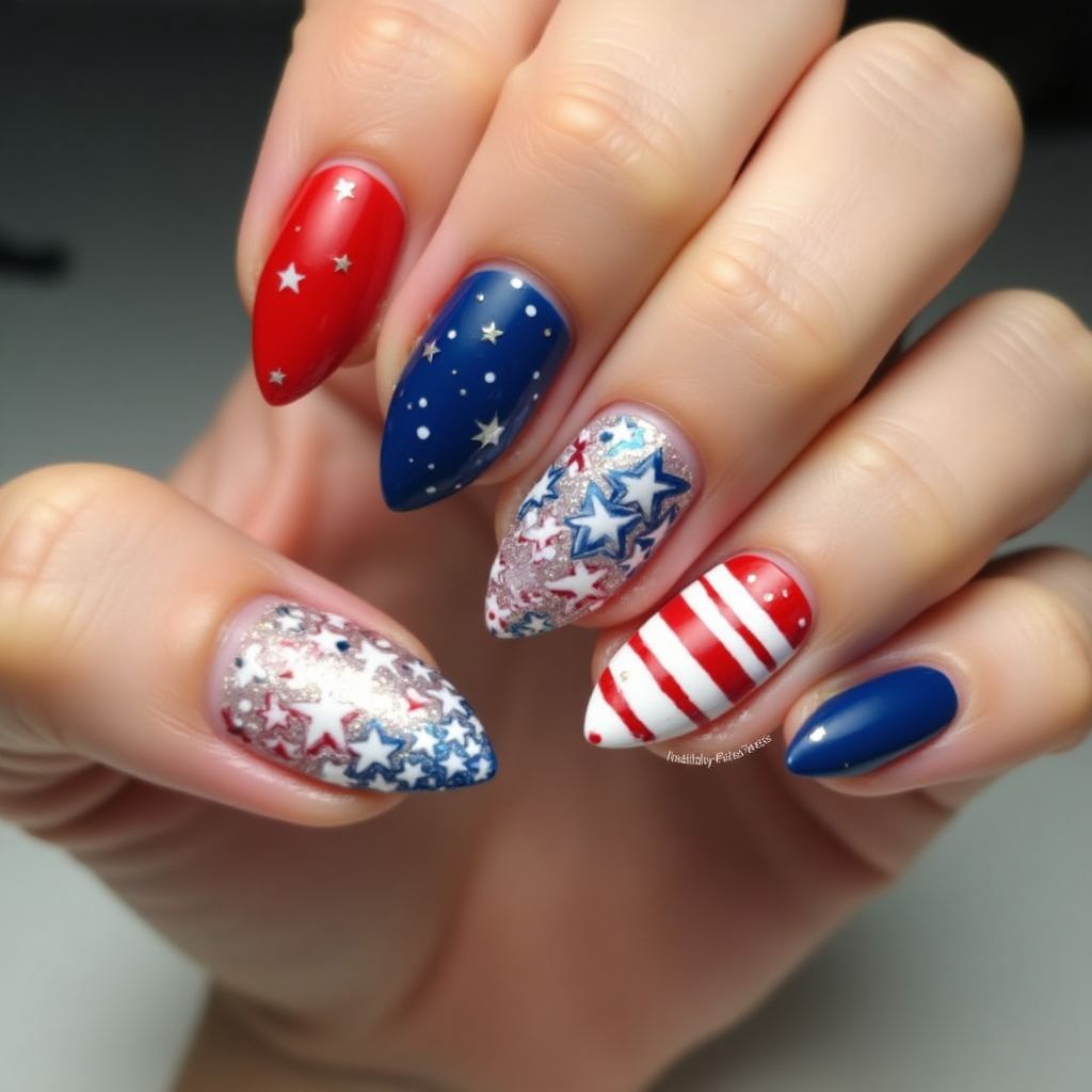 Independence Day Almond Nail Design
