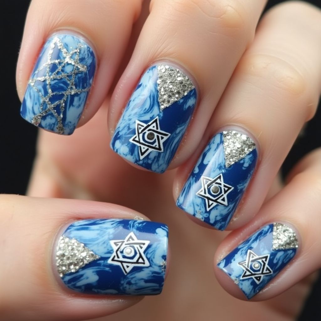 Hanukkah Marbling Nail Design