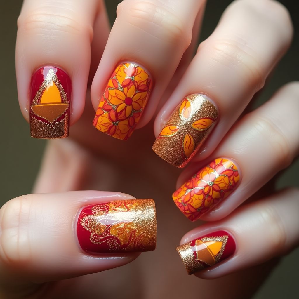 Diwali Marbling Nail Design