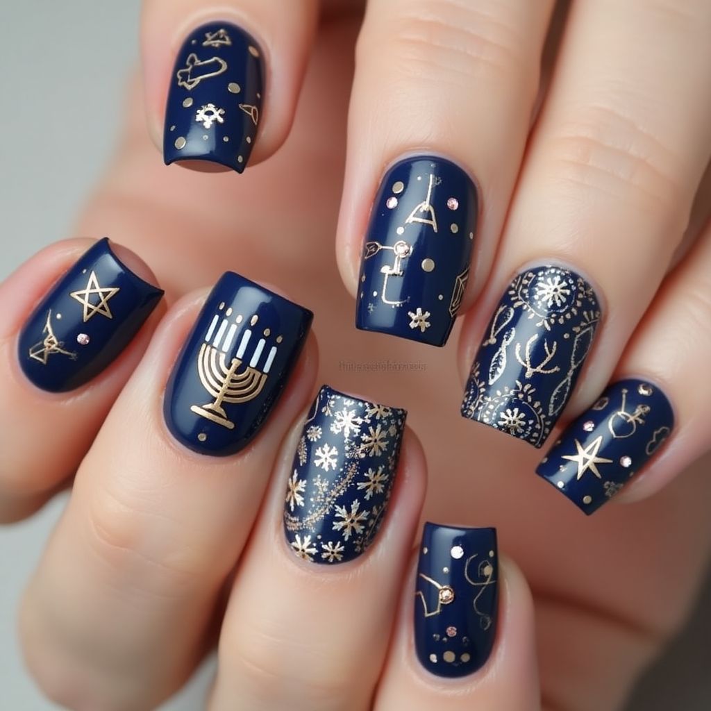 Hanukkah French Manicure Nail Design