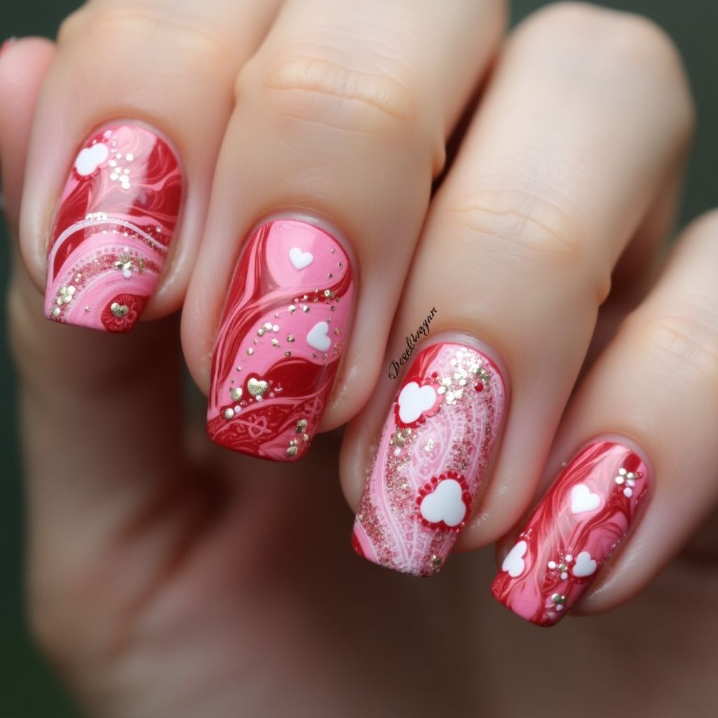 Valentine's Day Marbling Nail Design