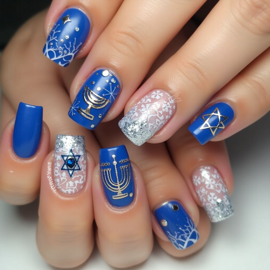 Hanukkah French Manicure Nail Design