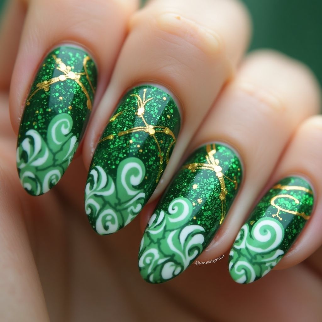St Patrick's Day Marbling Nail Design