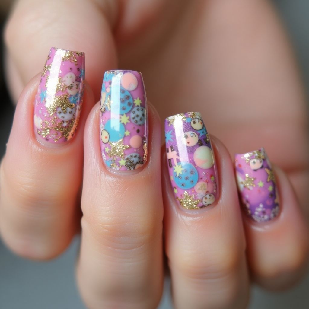Birthday Water Marbling Nail Design