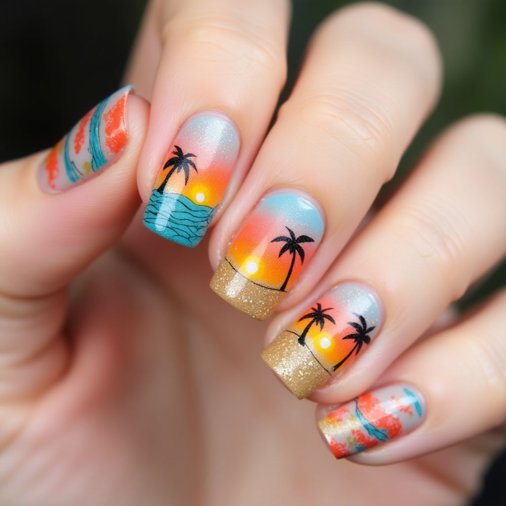 Beach Freehand Art Nail Design