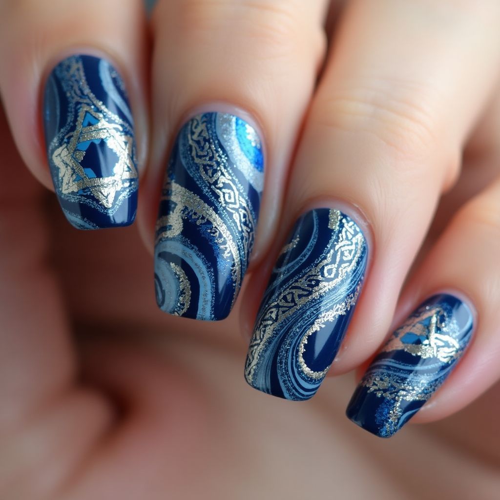 Hanukkah Water Marbling Nail Design