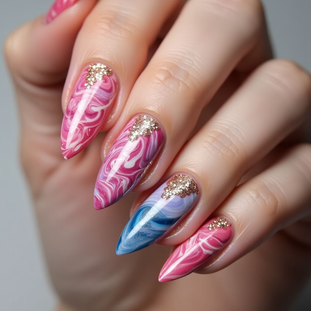 Celebration Water Marbling Nail Design