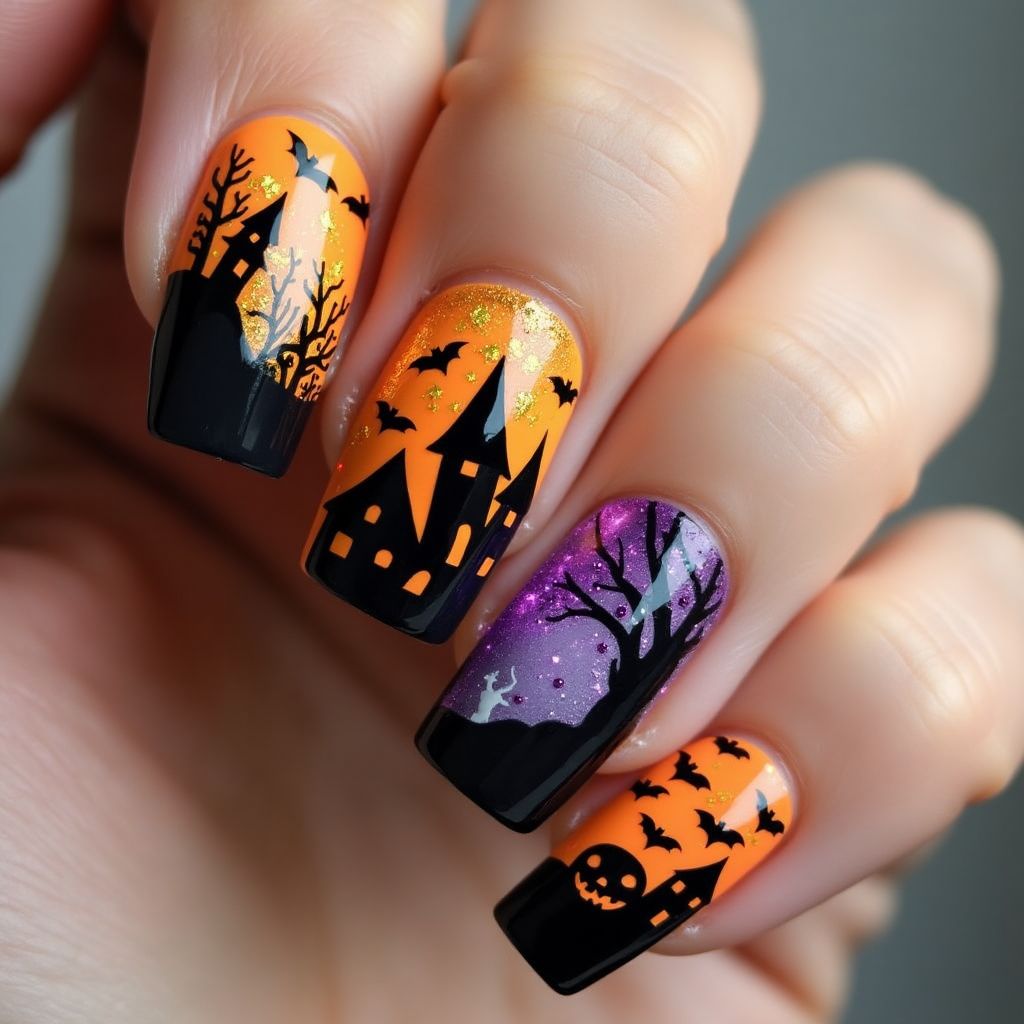 Halloween Freehand art Nail Design
