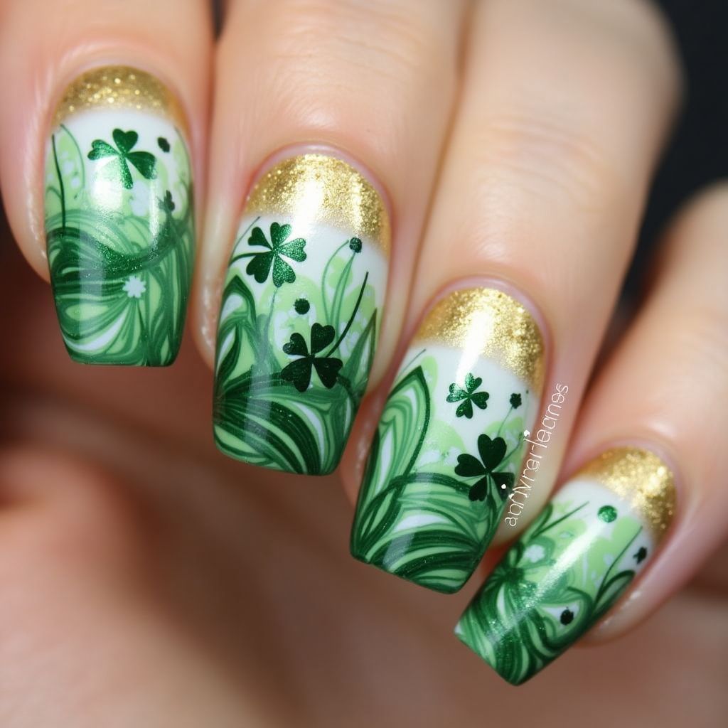 St Patrick's Day Water Marbling Nail Design