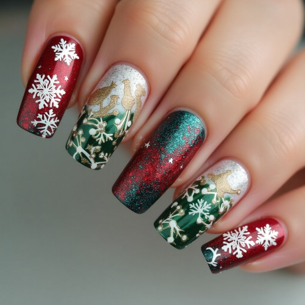 Christmas Water Marbling Nail Design