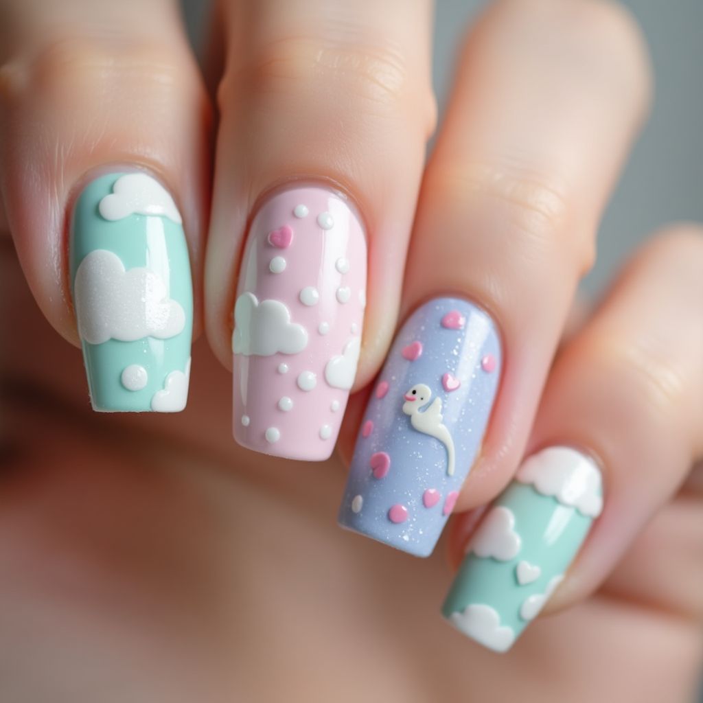 Baby Shower Water Marbling Nail Design