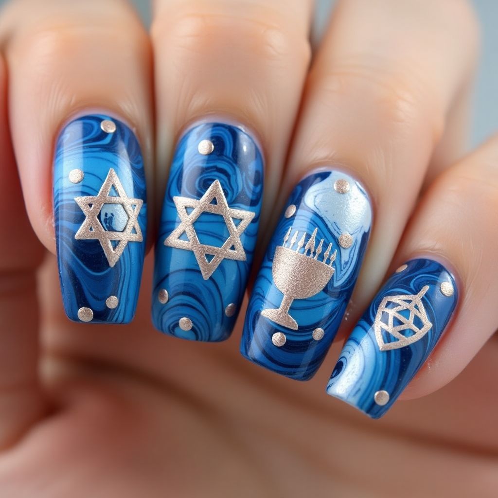 Hanukkah Water Marbling Nail Design