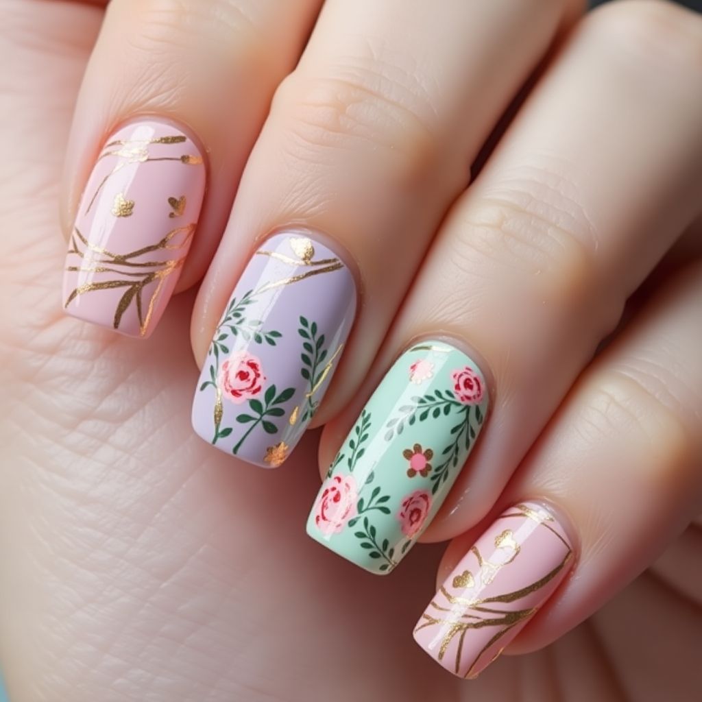 Mother's Day Water Marbling Nail Design