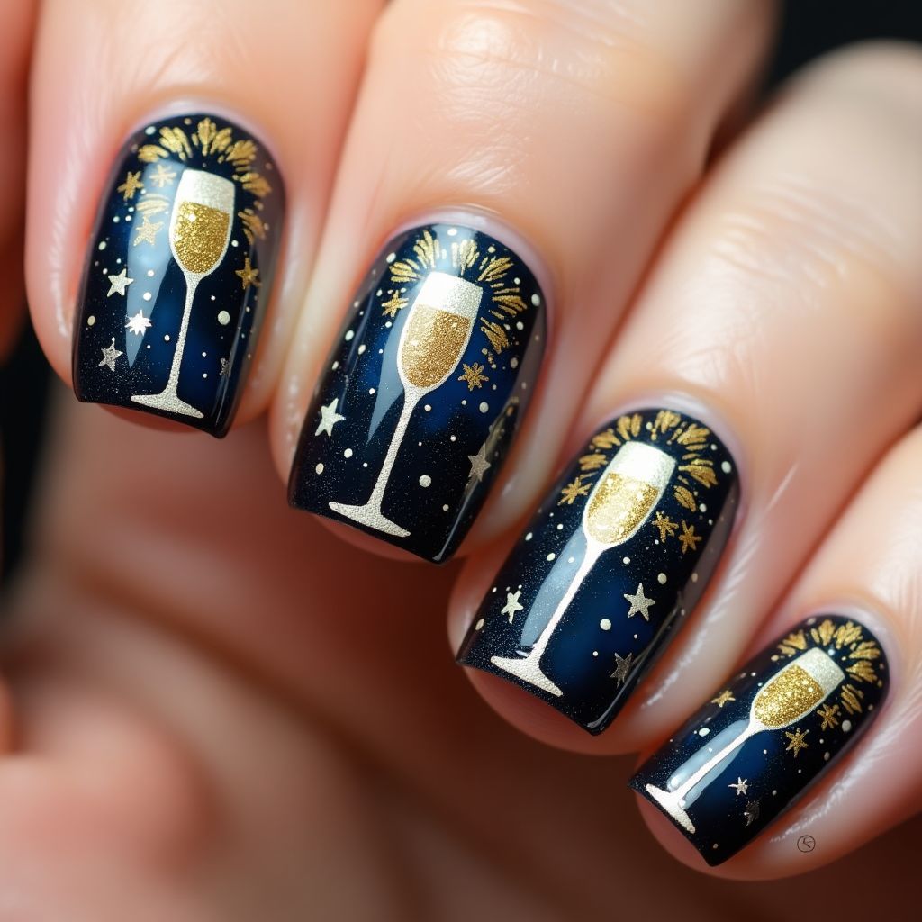 New Year Freehand Art Nail Design