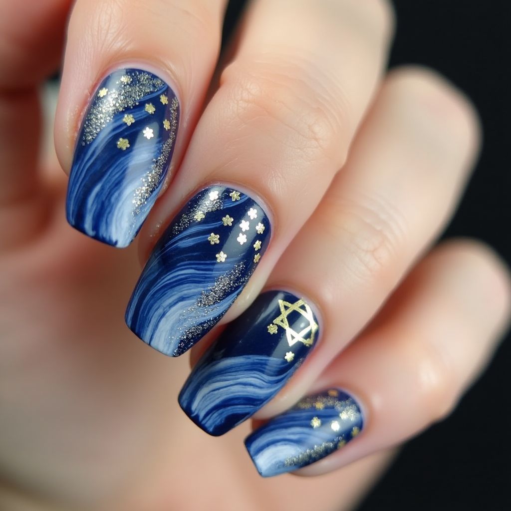 Hanukkah Water Marbling Nail Design