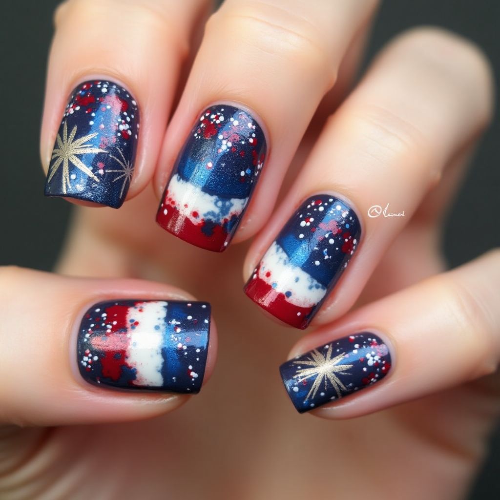 Independence Day Water Marbling Nail Design
