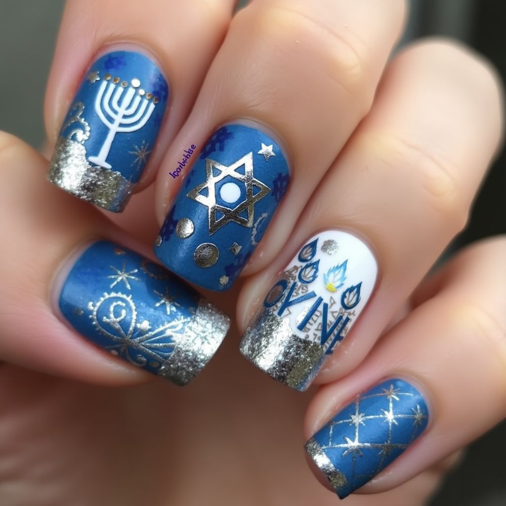 Hanukkah Freehand Art Nail Design
