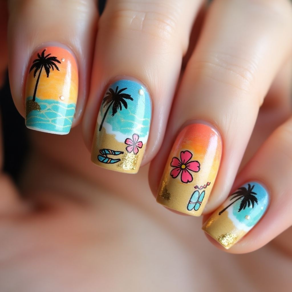 Vacation Freehand Art Nail Design