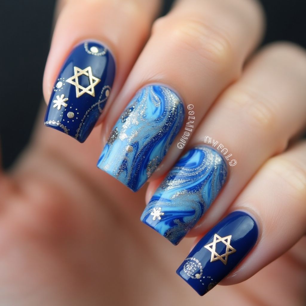 Hanukkah Water Marbling Nail Design