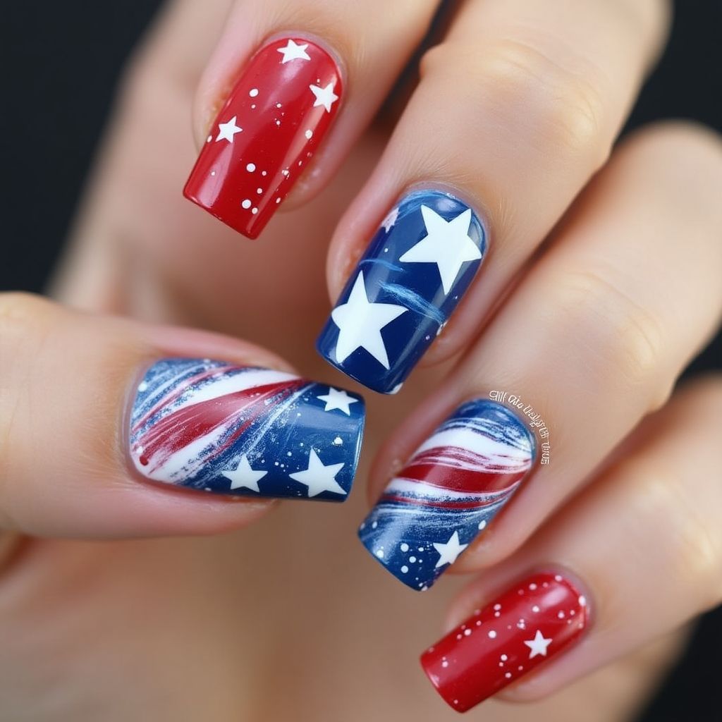 Labor Day Water Marbling Nail Design