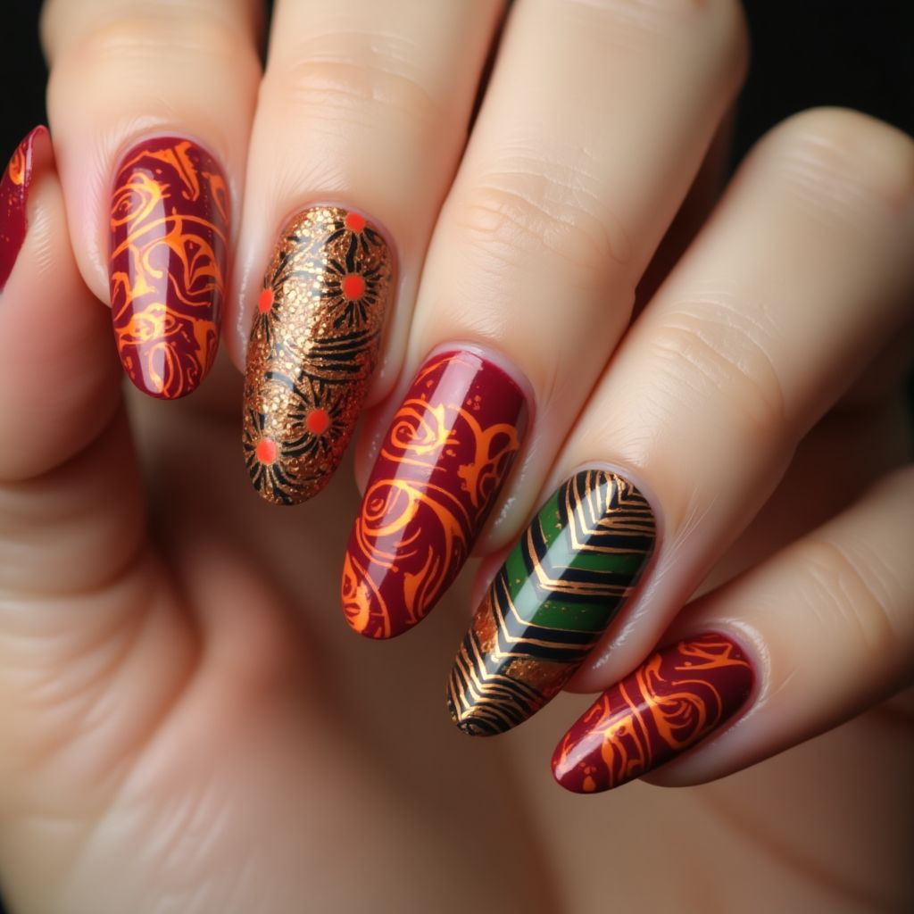 Diwali Stripes And Lines Nail Design