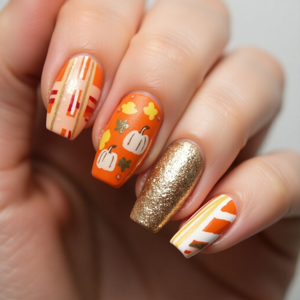 Thanksgiving Stripes And Lines Nail Design