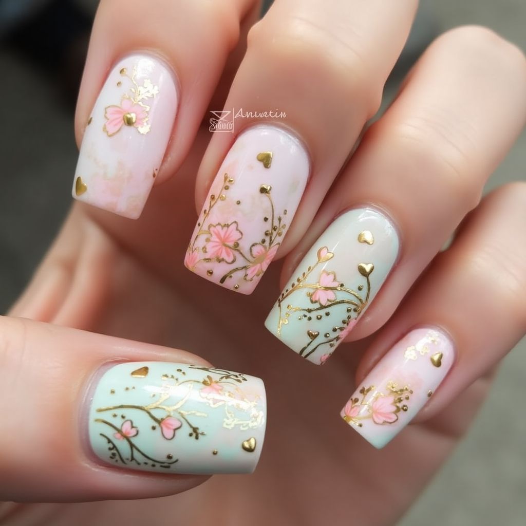 Anniversary Water Marbling Nail Design