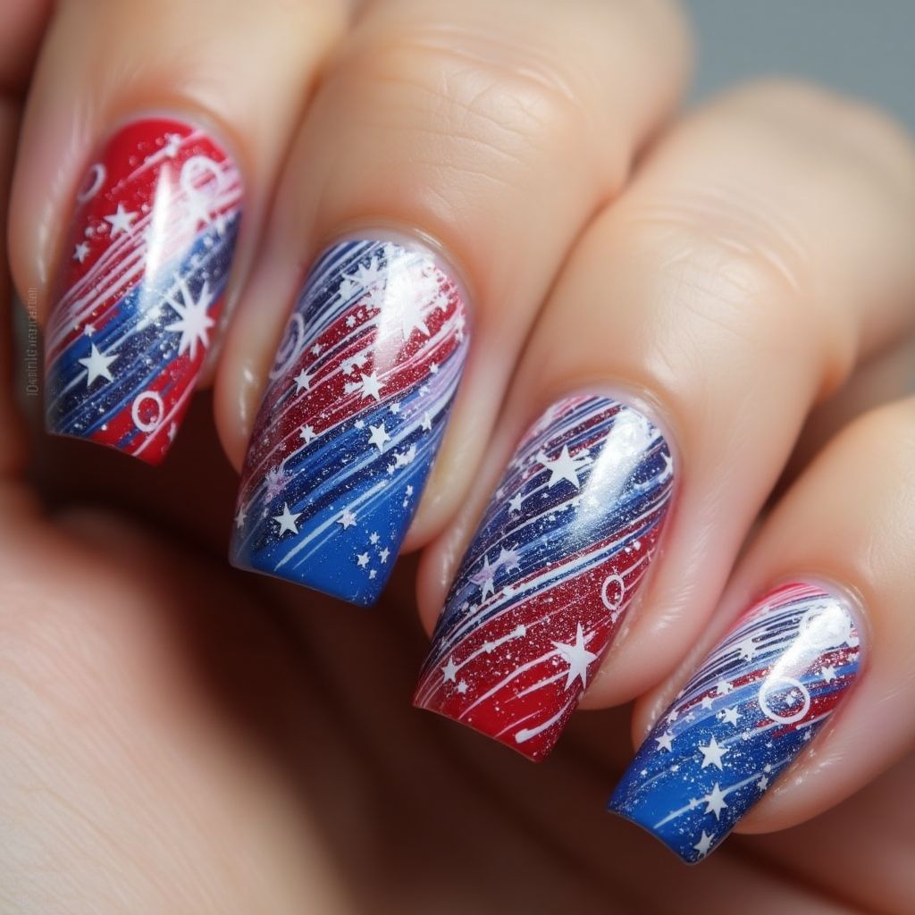 4th Of July Water Marbling Nail Design