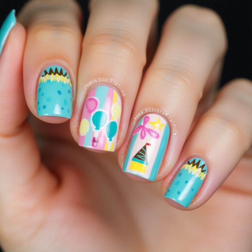Birthday Stripes And Lines Nail Design